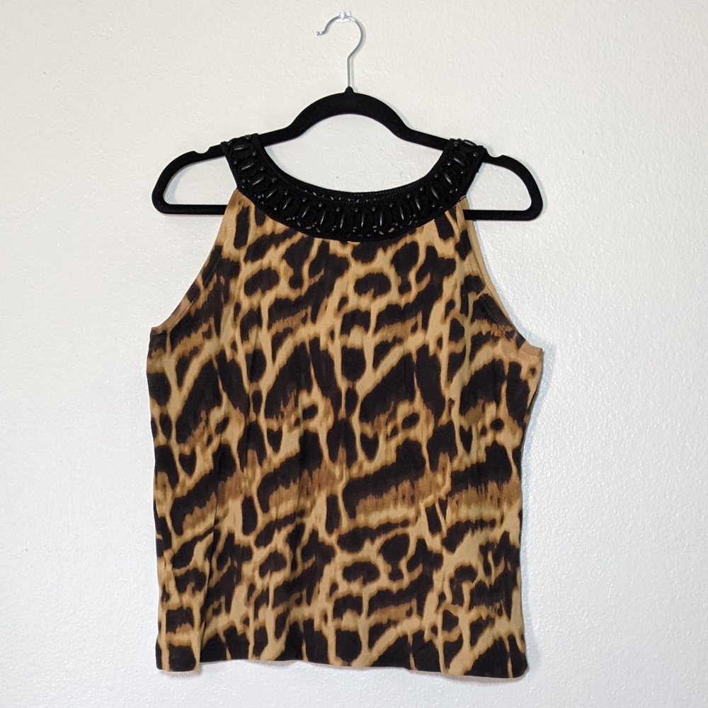 Leopard Print Top w/ Black Collar JONES NY Lg